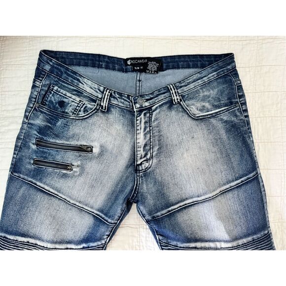 Rocawear Biker Jeans Mens 38 Blue Denim Streetwear Slim Fit Faded Skinny Leg y2k - Picture 7 of 10